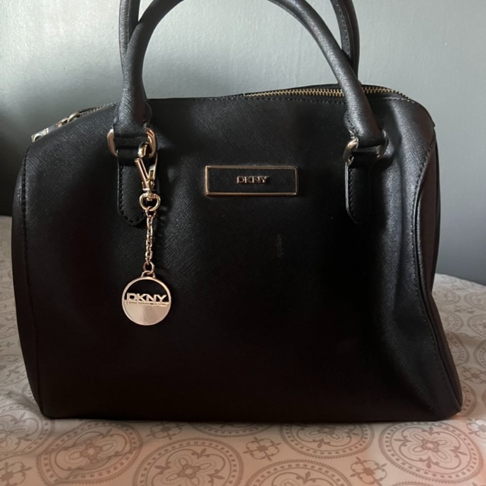 DKNY large black leather handbag gold hardware